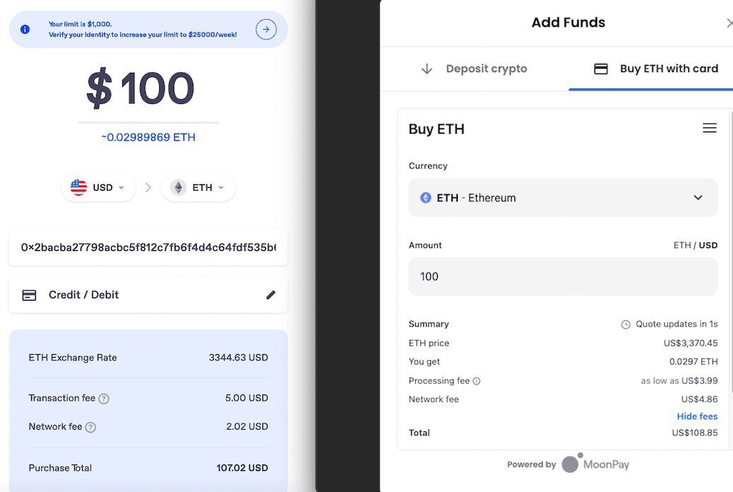 MetaMask - Wyre (左) vs OpenSea - MoonPay (右)