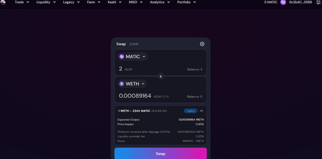 登入並連結MetaMask後，選擇由「MATIC」轉為「WETH」